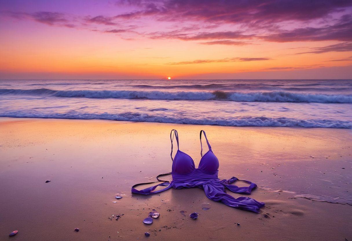 A serene beach at sunset, with soft waves lapping at the shore. In the foreground, a bikini lies abandoned on the sand, symbolizing lost joy. Ghostly silhouettes of individuals in the background capture moments of heartache, under a sky painted with melancholic hues of purple and orange. Glistening droplets of water reflect the fading light. impressionistic style. soft focus. pastel colors.