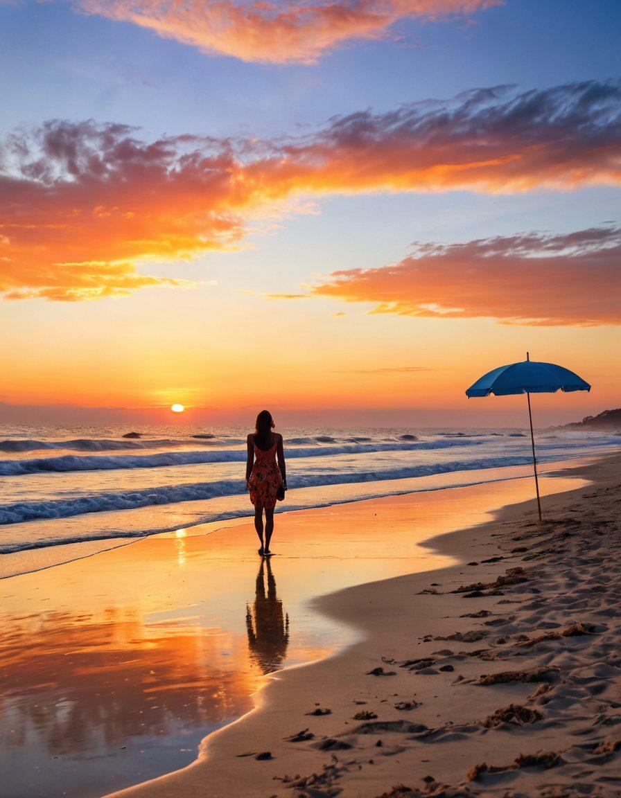 A serene beach scene at sunset with soft waves lapping at the shore, featuring a solitary figure in colorful beachwear gazing thoughtfully into the horizon. Scatter faded memories around the sand, like vintage photographs and half-buried letters. The sky should blend warm orange and cool blue hues, evoking a bittersweet feeling of nostalgia. Include desolate beach umbrellas, hinting at stories untold. surrealistic. warm tones. soft focus.
