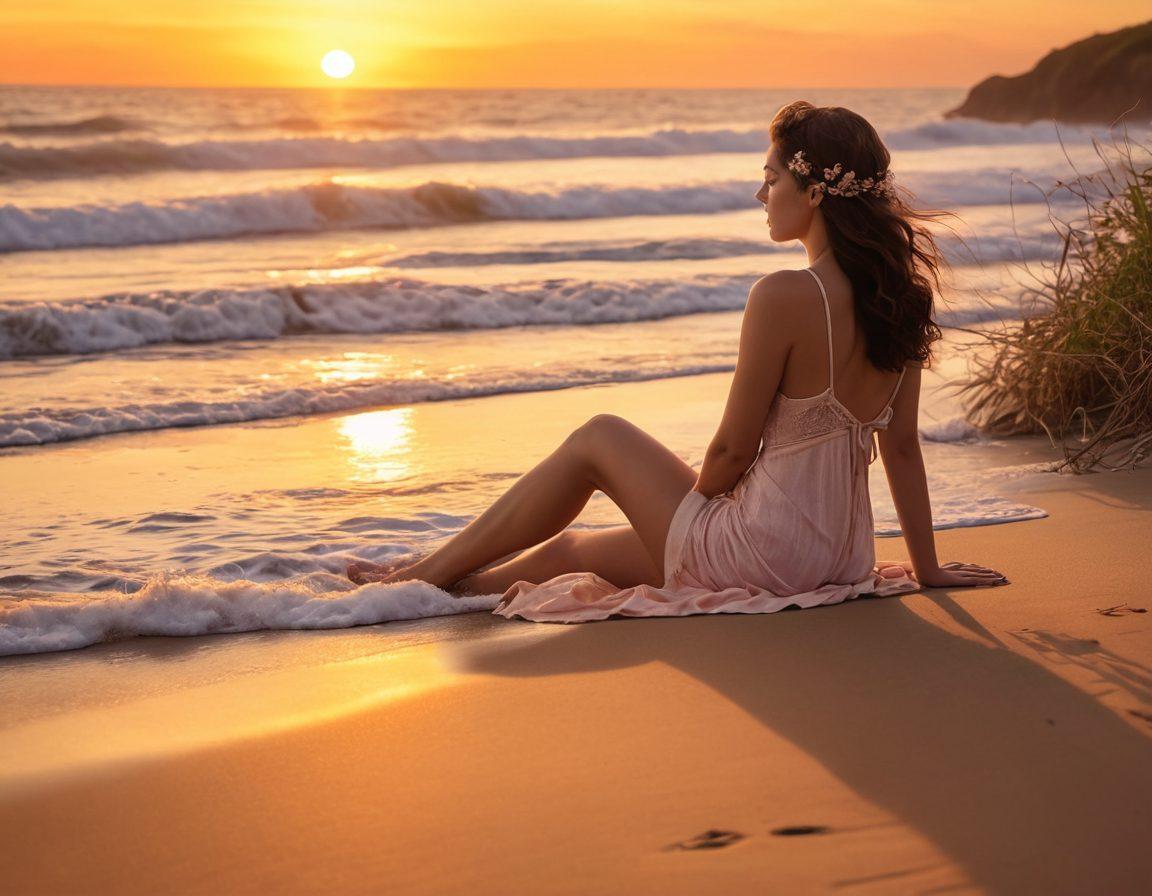 A dreamy beach scene at sunset, where a contemplative character in stylish beachwear gazes out at the waves, embodying a blend of joy and sadness. The background features soft, warm colors of the setting sun, with gentle ocean waves reflecting the light. Elements of fan fiction are subtly integrated, like scattered pages of a novel in the sand. The atmosphere should evoke a sense of nostalgia and deep reflection. super-realistic. warm pastel colors. serene ambiance.